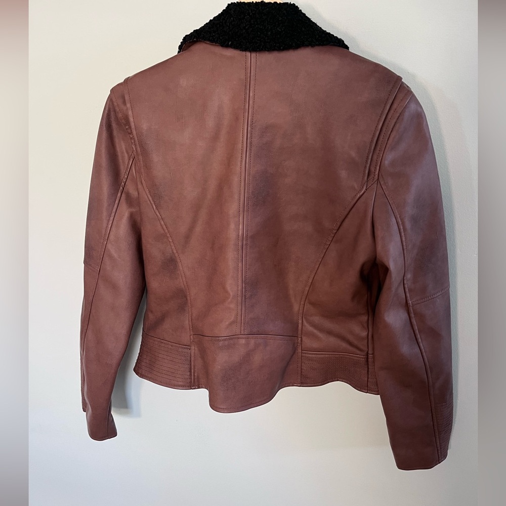 CoffeeShop New York Faux Leather Moto Jacket Brown Sherpa Collar Womens Medium - Picture 4 of 7